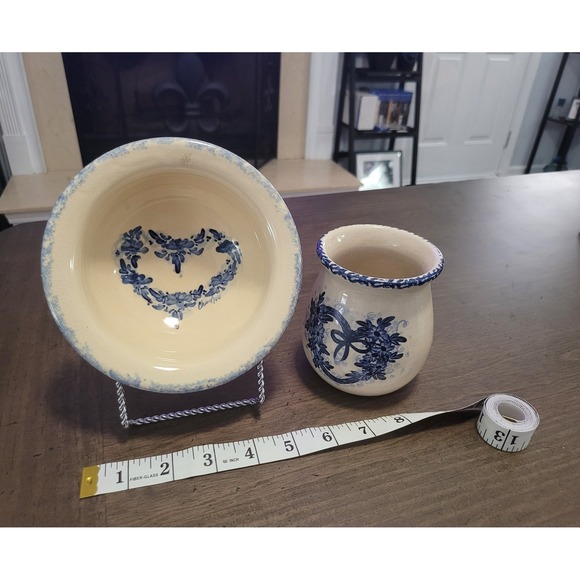 Marshall Pottery Texas, Casey Pottery, Yesteryear Heart Wreath, Spongeware Set - Picture 9 of 9